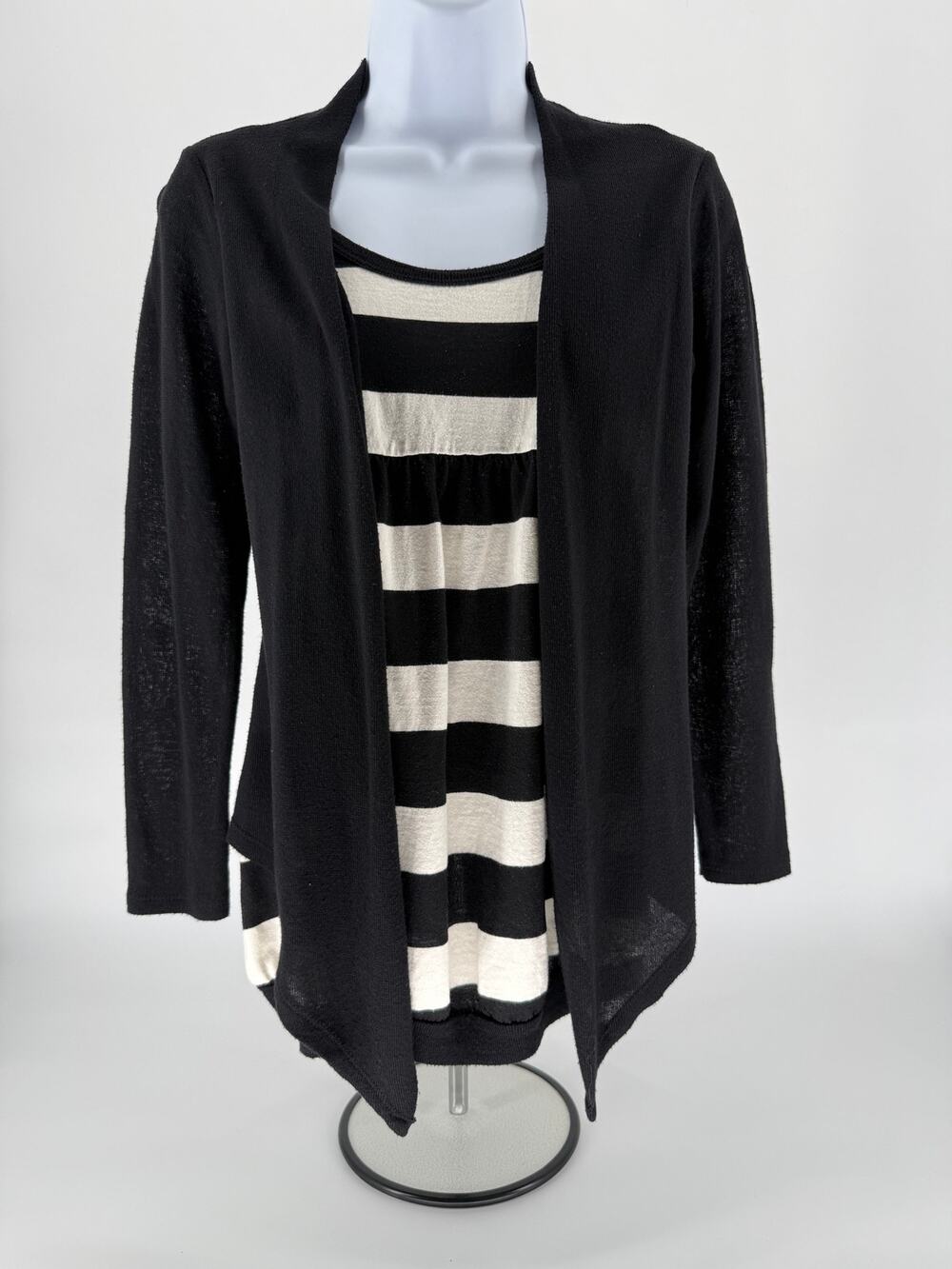 Candy Contemporary Layered Open Front Cardigan Womens Small Black White Stripe